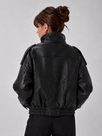 Jaqueta Feminina Oversized Couro Eco Gola Alta Estilo Europeia Vintage Premium Modern Verona