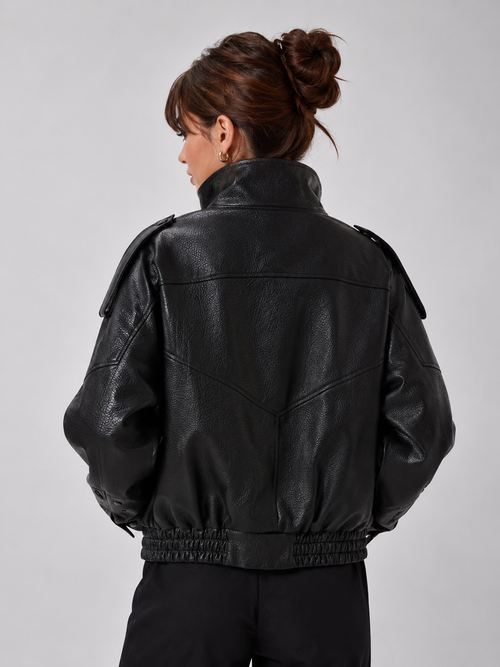 Jaqueta Feminina Oversized Couro Eco Gola Alta Estilo Europeia Vintage Premium Modern Verona