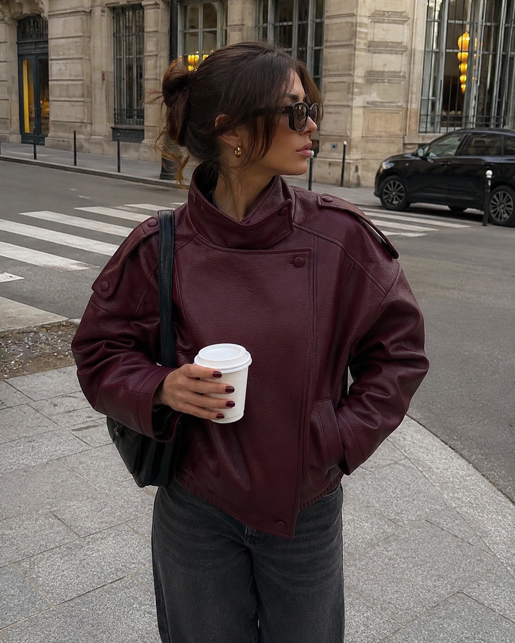 Jaqueta Feminina Oversized Couro Eco Gola Alta Estilo Europeia Vintage Premium Modern Verona