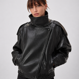 Jaqueta Feminina Oversized Couro Eco Gola Alta Estilo Europeia Vintage Premium Modern Verona