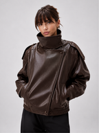 Jaqueta Feminina Oversized Couro Eco Gola Alta Estilo Europeia Vintage Premium Modern Verona