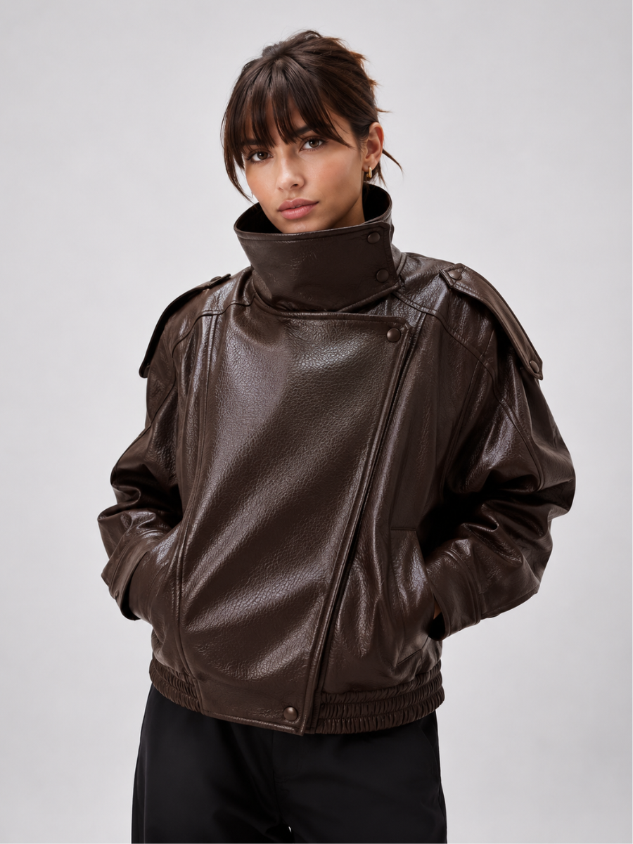 Jaqueta Feminina Oversized Couro Eco Gola Alta Estilo Europeia Vintage Premium Modern Verona