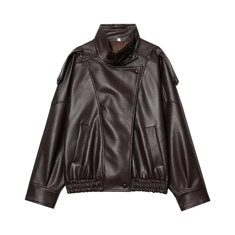 Jaqueta Feminina Oversized Couro Eco Gola Alta Estilo Europeia Vintage Premium Modern Verona
