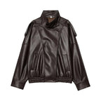 Jaqueta Feminina Oversized Couro Eco Gola Alta Estilo Europeia Vintage Premium Modern Verona