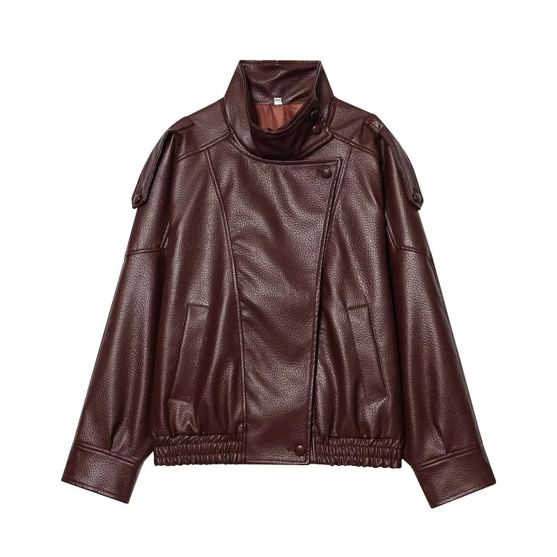 Jaqueta Feminina Oversized Couro Eco Gola Alta Estilo Europeia Vintage Premium Modern Verona